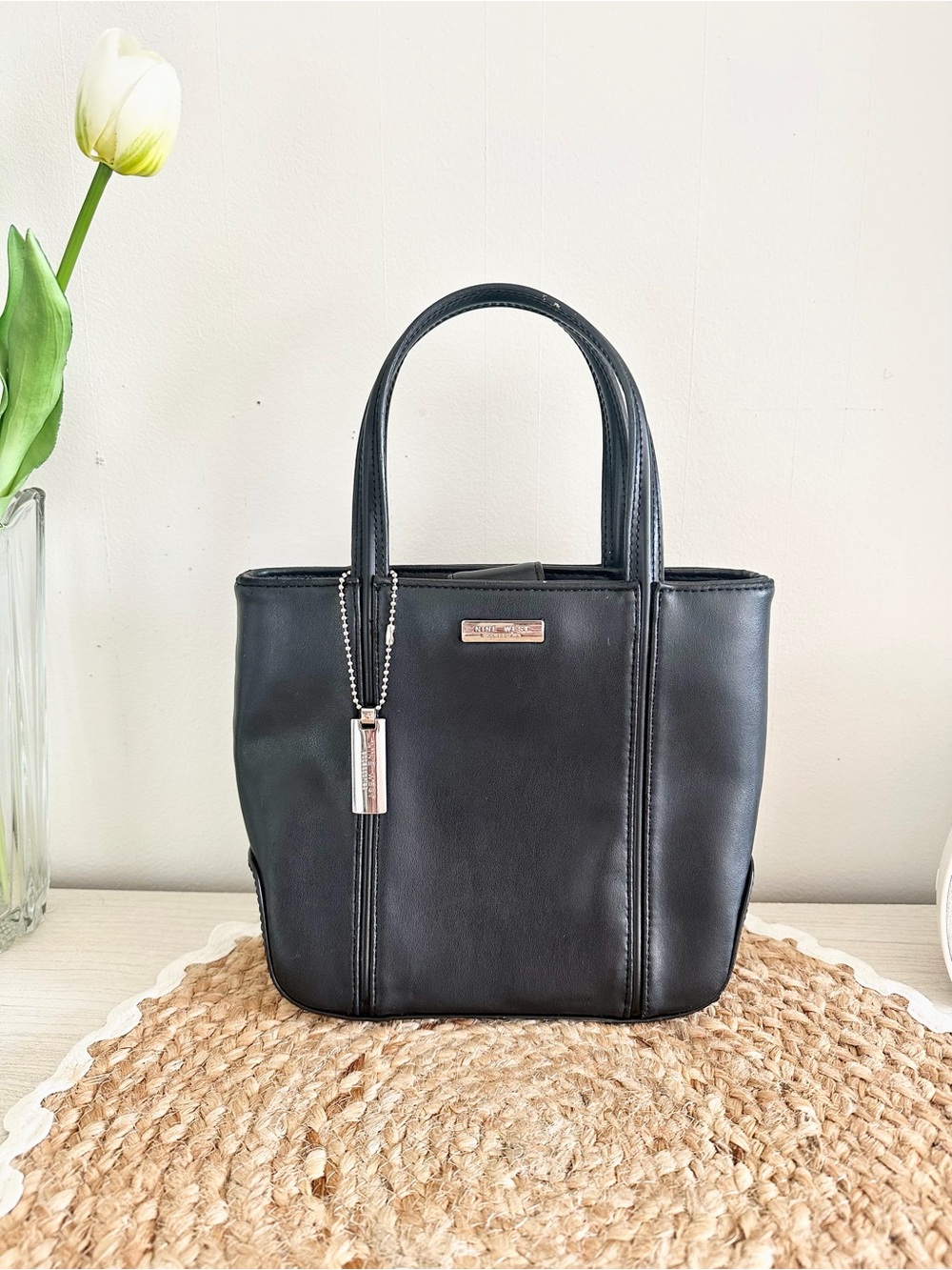 Nine West Black Mini Tote Bag Structured Top Handle Shoulder Handbag